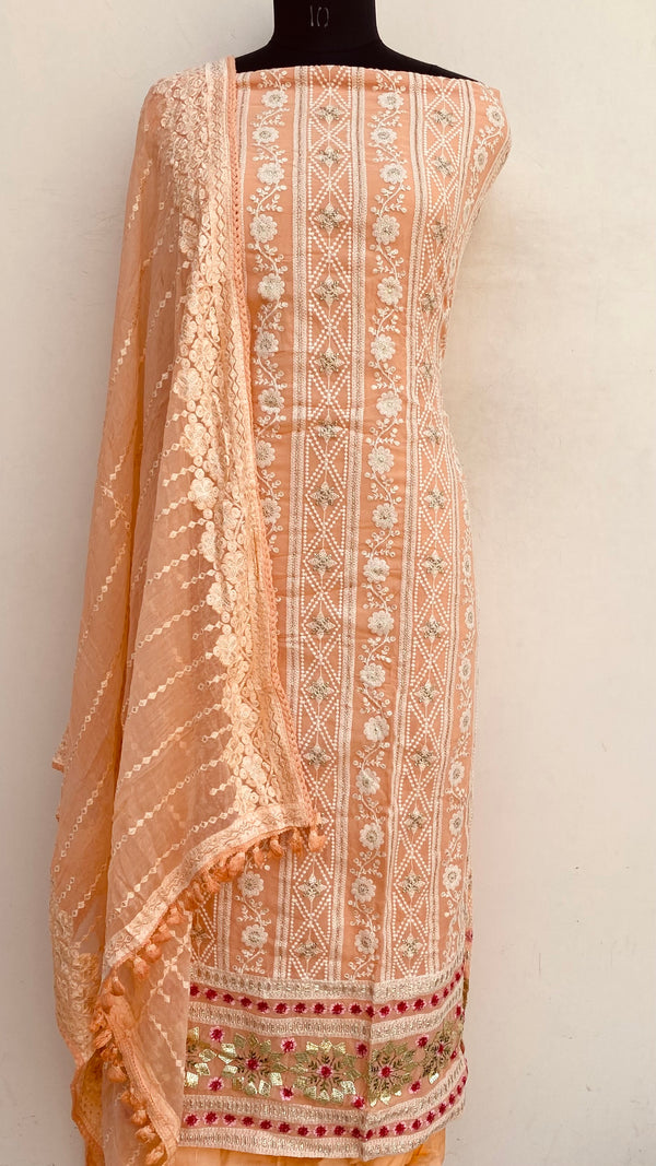 Chikankari Suit Length 3 Piece Peach Georgette With Sequence Work