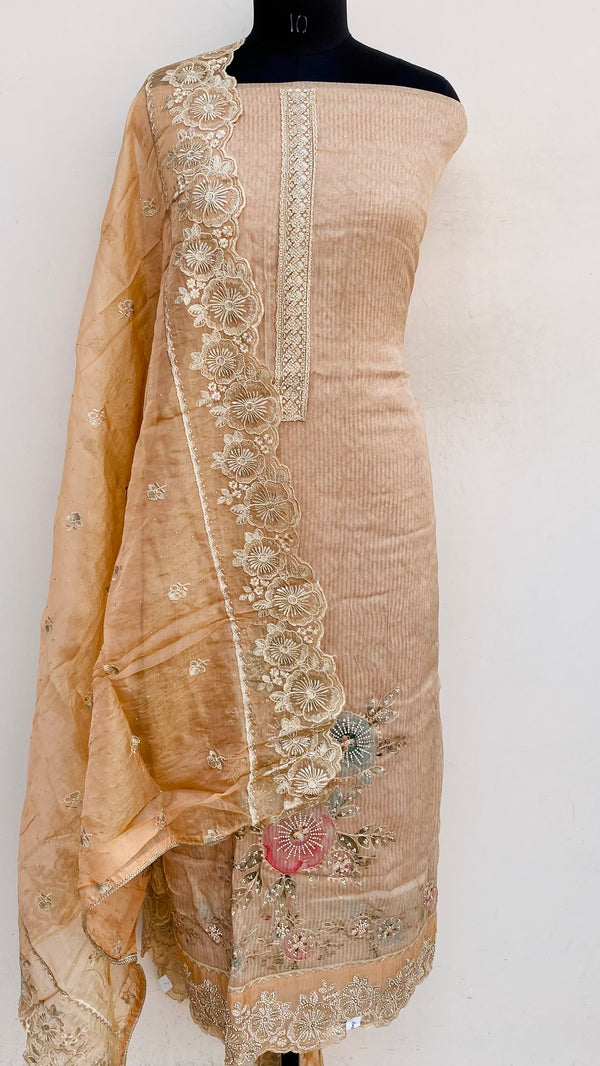 Designer Embroidered Suit Length 3 Piece Beige Mal Chanderi With Stone Work