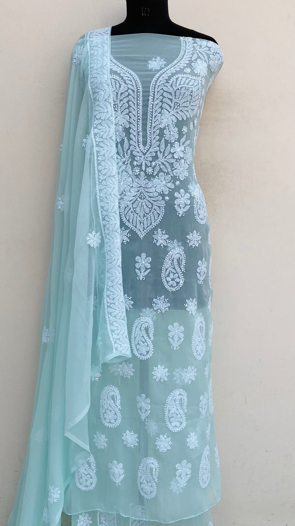 Lucknowi Chikankari Suit Length 3 Piece Sea Green Georgette
