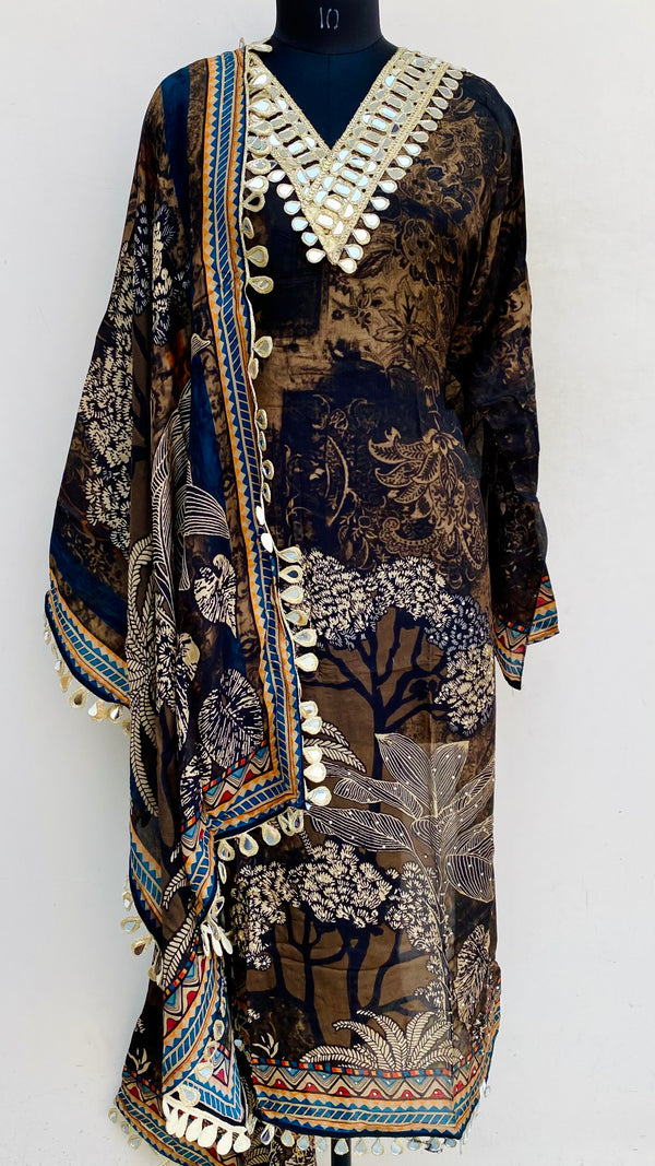 Designer Embroidered Suit Length 3 Piece Black Muslin Cotton With Mirror Work