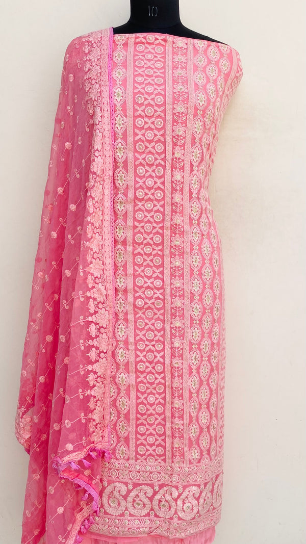 Chikankari Suit Length 3 Piece Pink Georgette With Sequence Work