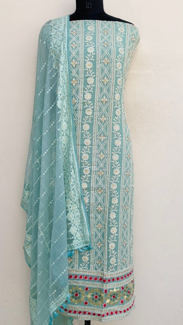 Chikankari Suit Length 3 Piece Green Georgette With Sequence Work