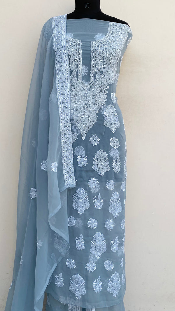 Lucknowi  Chikankari Suit Length 3 Piece Gray Georgette
