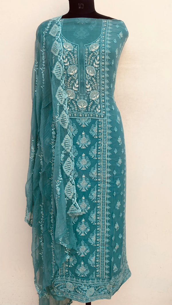 Chikankari Suit Length 3 Piece Green Georgette With Pearl ,Cutdana & Sequence Work