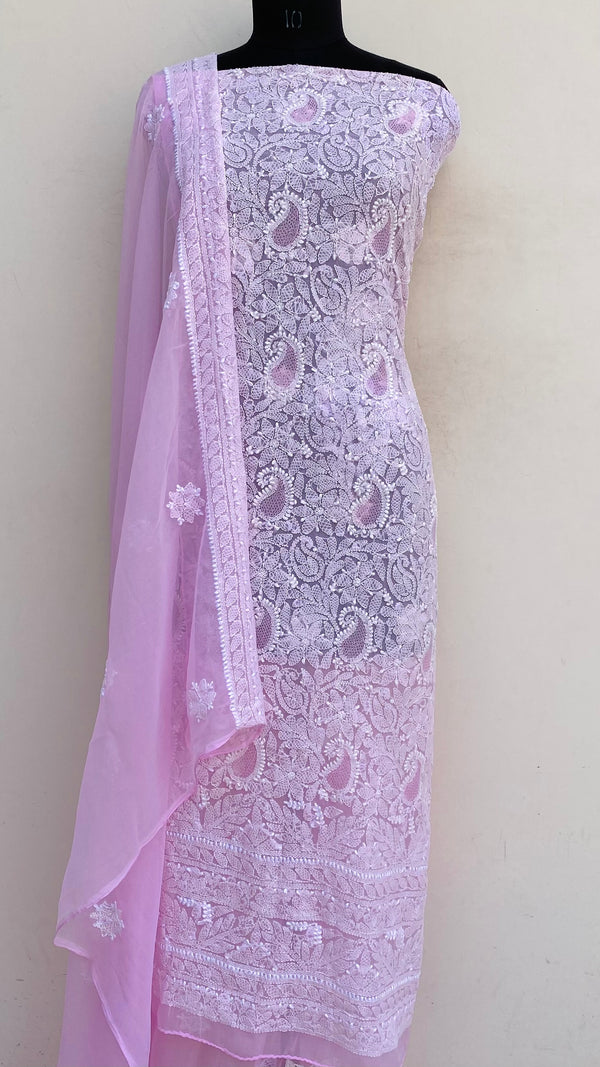 Lucknowi Chikankari Suit Length 3 Piece Pink Georgette With Jaali Work