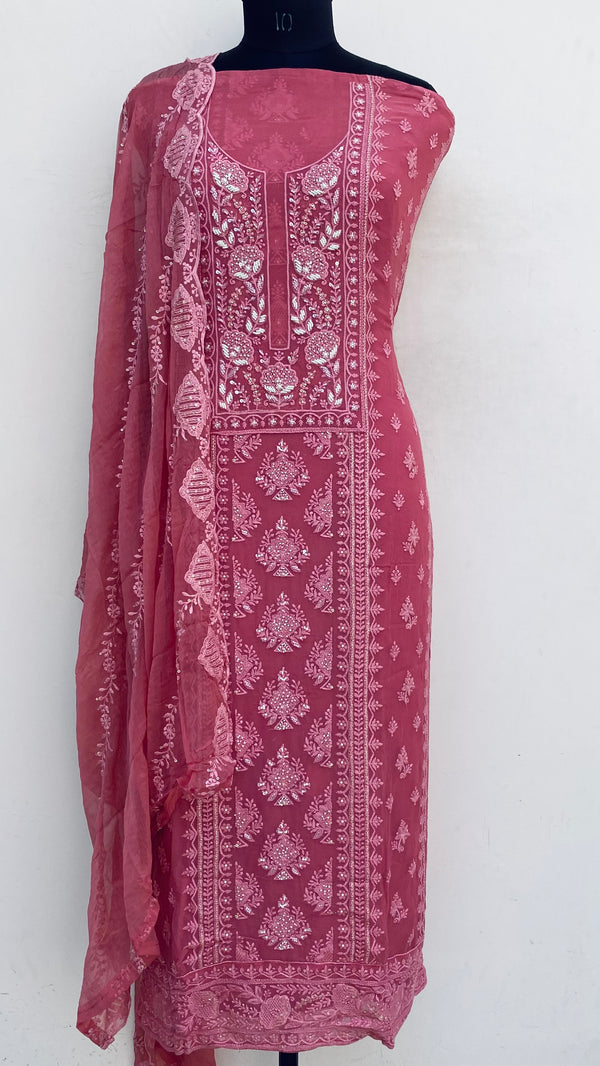 Chikankari Suit Length 3 Piece Copper Georgette With Sequence ,Pearl & Cutdana Work