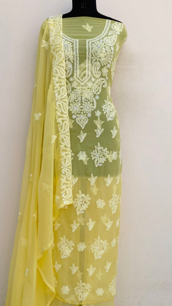 Lucknowi Chikankari Suit Length 3 Piece Yellow Georgette