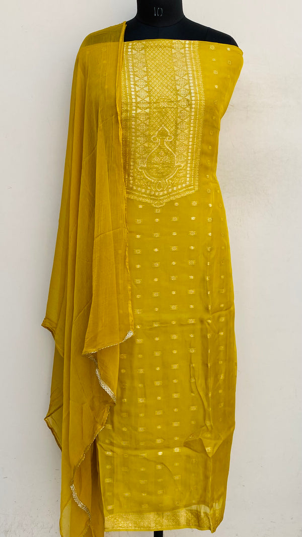 Designer Embroidered Suit Length 3 Piece Yellow Organza