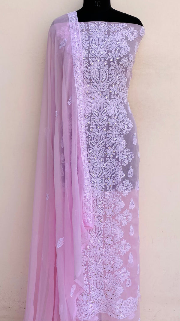 Lucknowi Chikankari Suit Length 3 Piece Pink Georgette With Mukaish Work