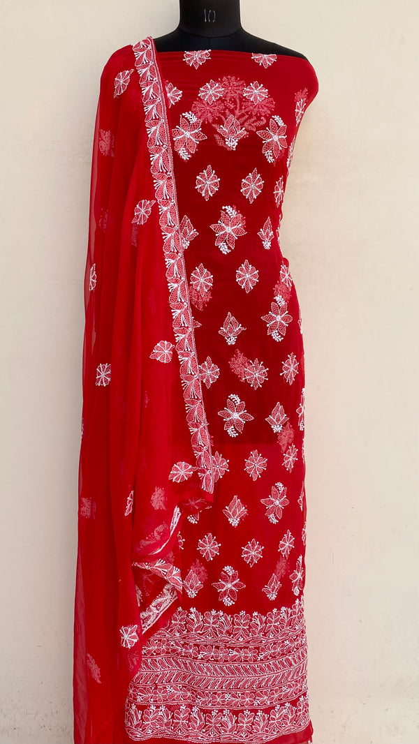Lucknowi Chikankari Suit Length 3 Piece Red Georgette