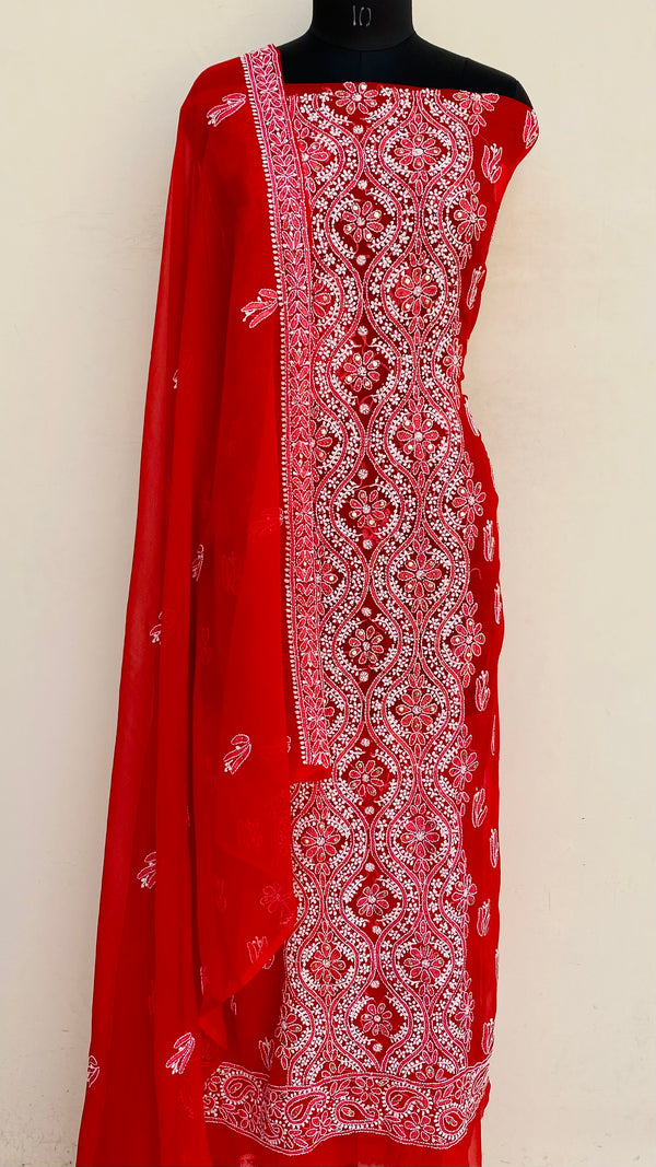 Lucknowi Chikankari Suit Length 3 Piece Red Georgette With Mukaish Work