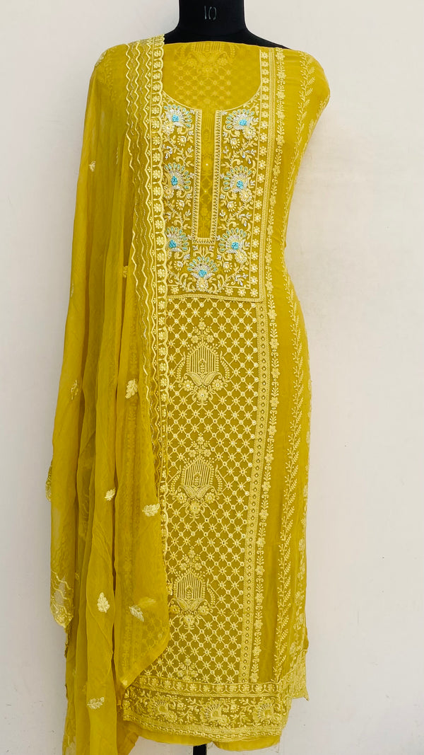 Chikankari Suit Length 3 Piece Mustard Georgette With Sequence,Pearl & Cutdana Work