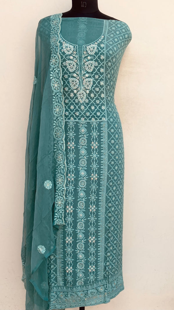 Chikankari Suit Length 3 Piece Green Georgette With Pearl , Cutdana & Sequence Work
