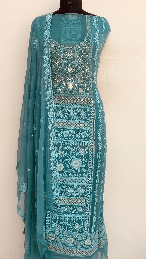Chikankari Suit Length 3 Piece Green Georgette With Pearl , Cutdana & Sequence Work