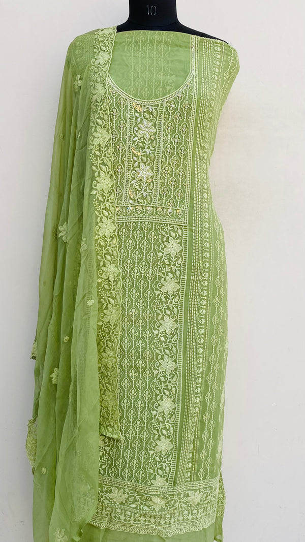 Chikankari Suit Length 3 Piece Green Georgette With Sequence ,Pearl & Cutdana Work
