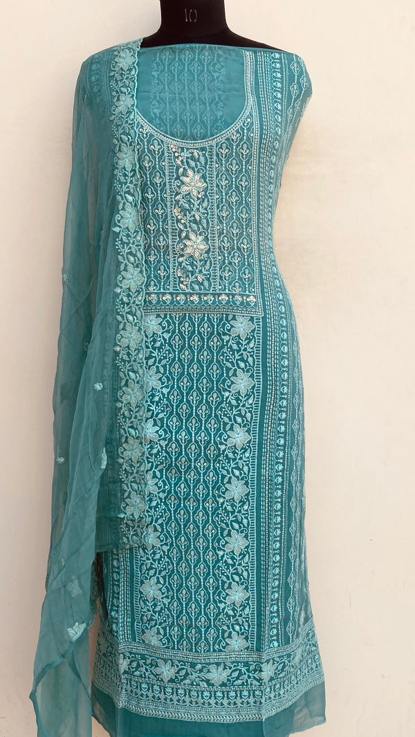 Chikankari Suit Length 3 Piece Green Georgette With Sequence ,Pearl & Cutdana Work