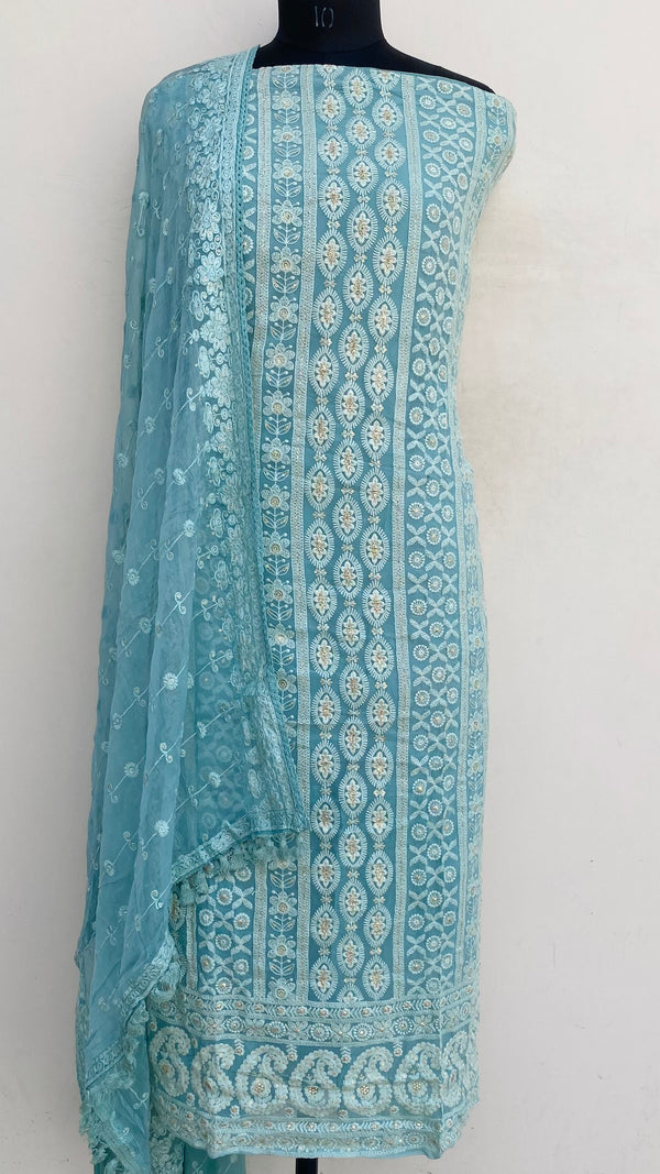 Chikankari Suit Length 3 Piece Green Georgette With Sequence Work