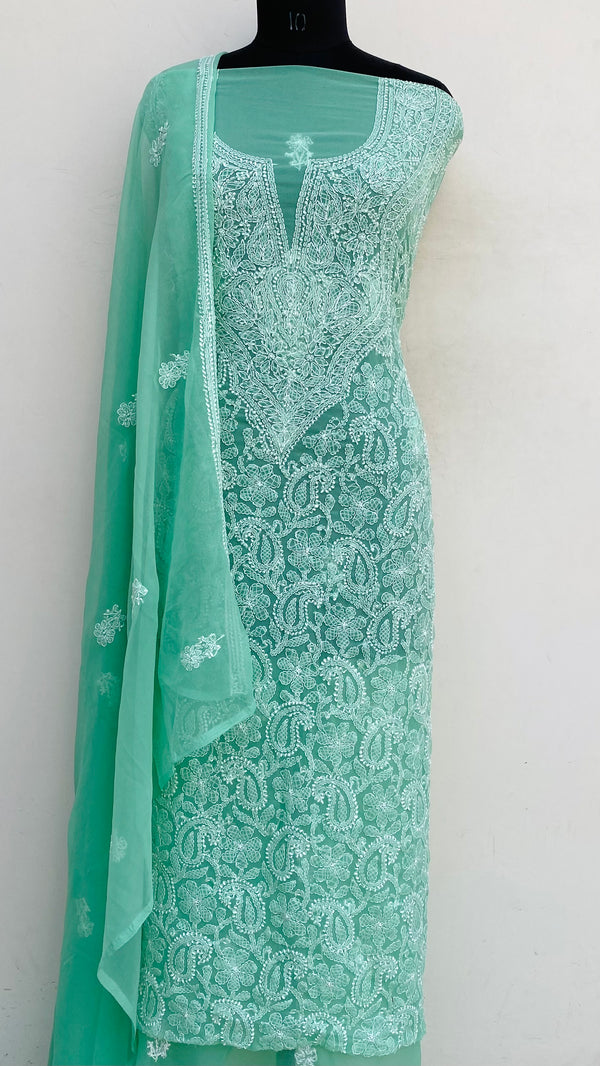 Lucknowi  Chikankari Suit Length 3 Piece Green Georgette