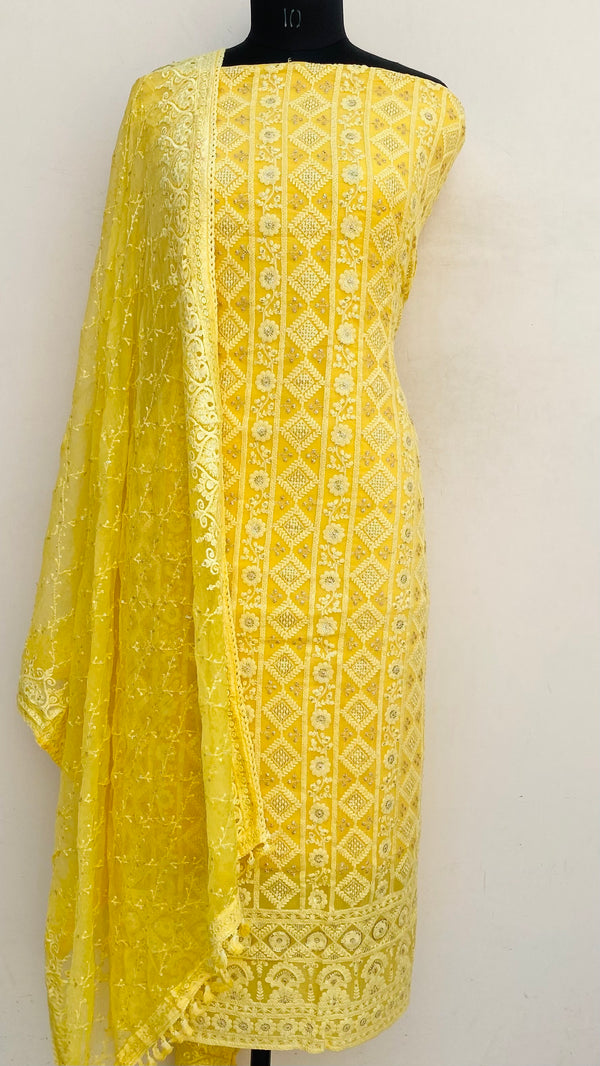 Chikankari Suit Length 3 Piece Yellow Georgette With Sequence Work