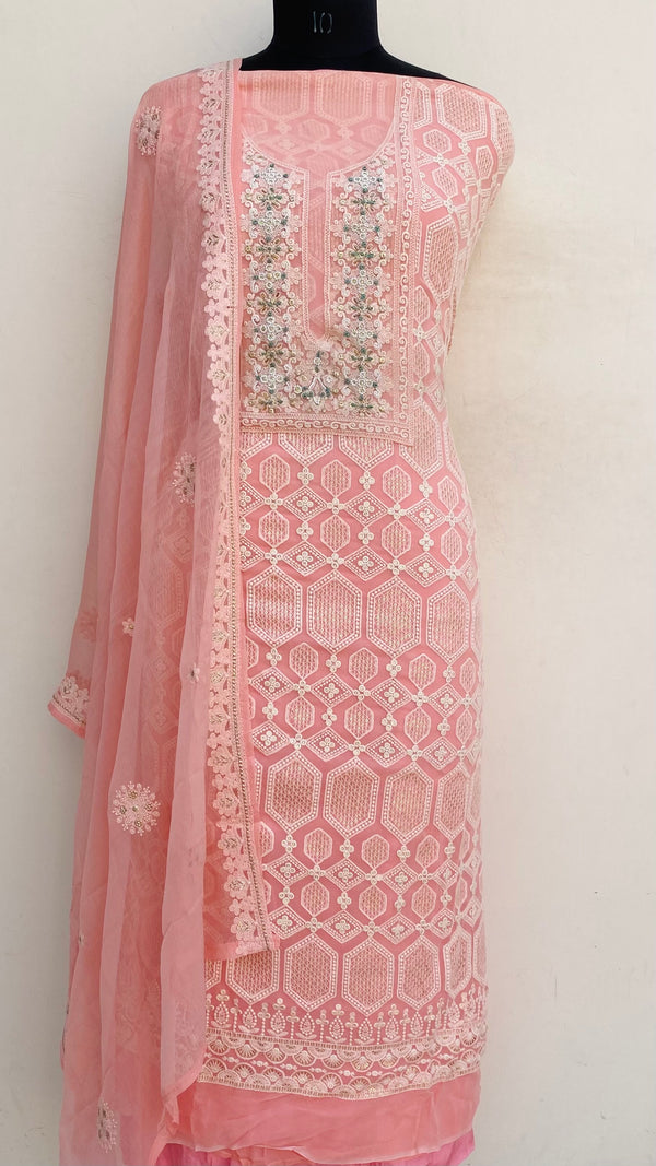 Chikankari Suit Length 3 Piece Pink Georgette With Sequence ,Pearl & Cutdana Work