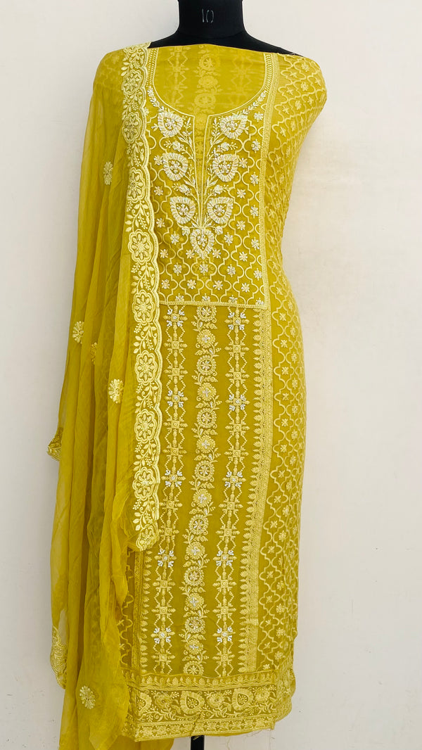 Chikankari Suit Length 3 Piece Mustard Georgette With Sequence,Pearl & Cutdana Work