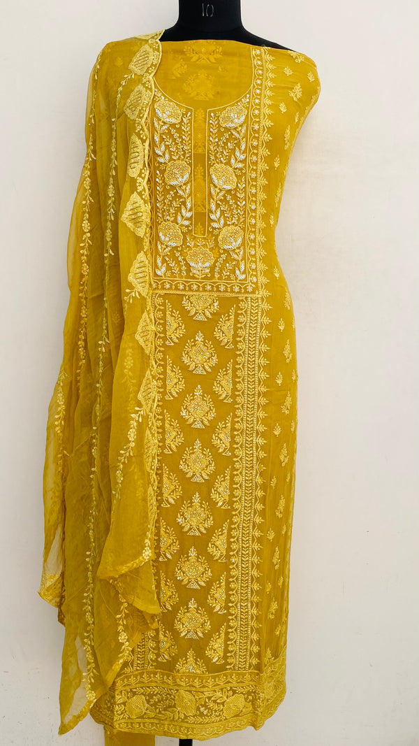 Chikankari Suit Length 3 Piece Mustard Georgette With Sequence ,Pearl & Cutdana Work