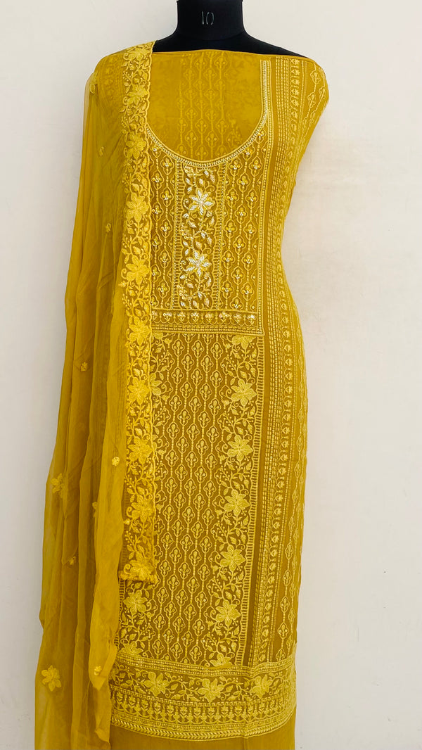 Chikankari Suit Length 3 Piece Mustard Georgette With Sequence ,Pearl & Cutdana Work
