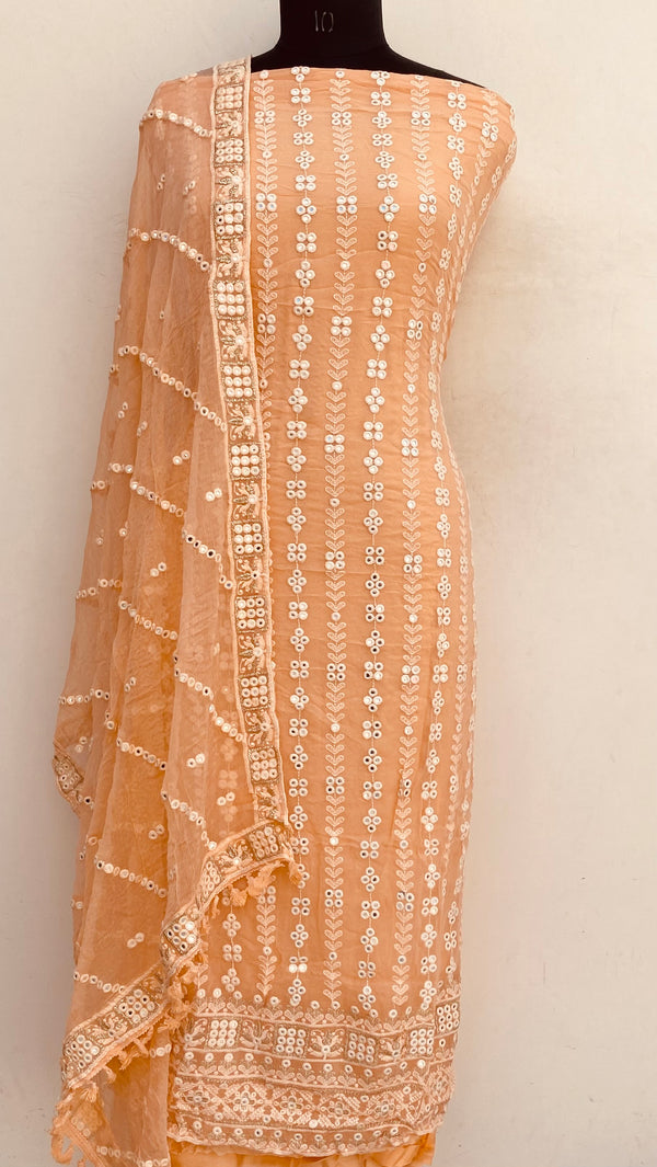 Chikankari Suit Length 3 Piece Peach  Georgette