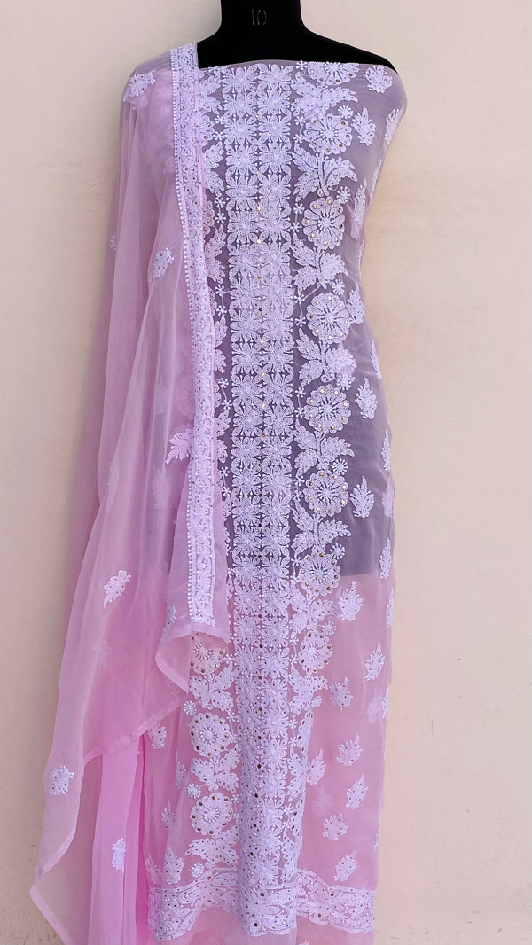 Lucknowi Chikankari Suit Length 3 Piece Pink Georgette With Mukaish Work