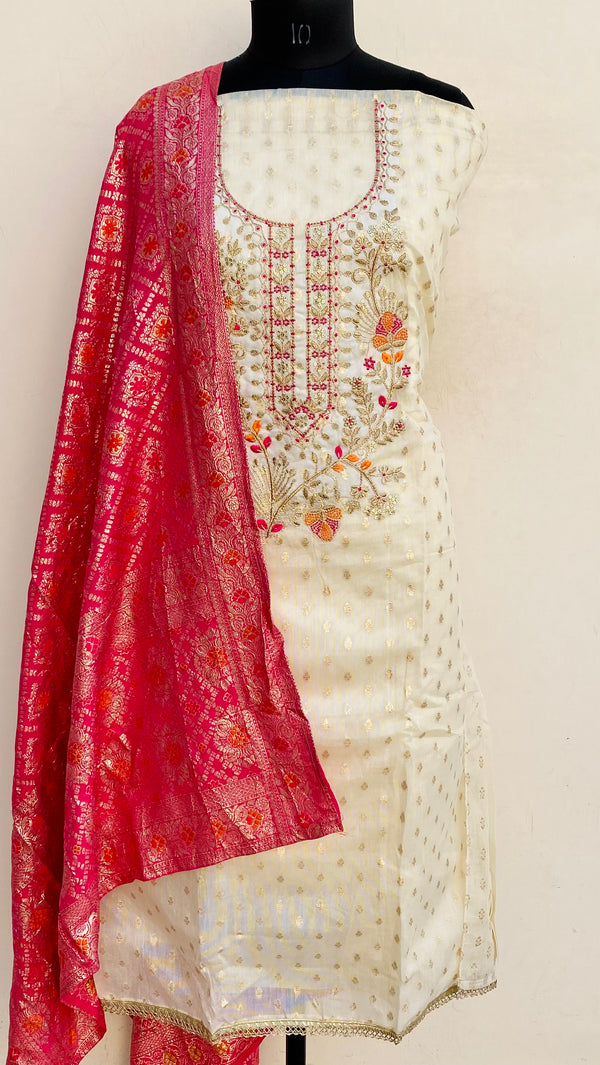 Designer Embroidered Suit Length 3 Piece Cream Mal Chanderi With Sequence Work