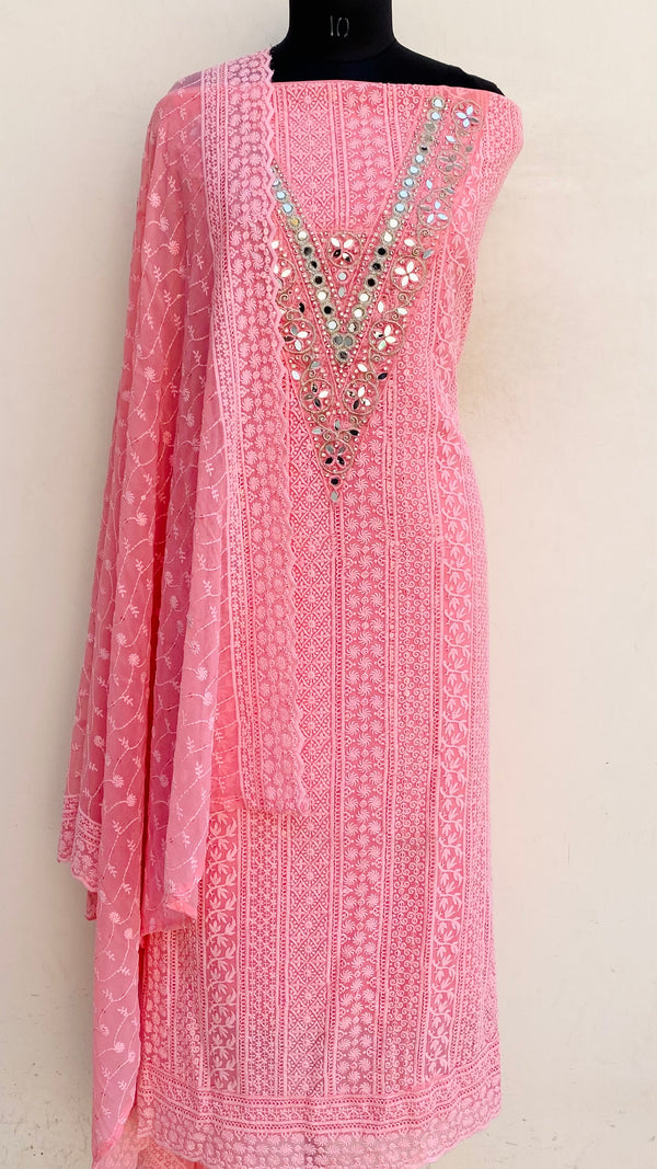 Chikankari Suit Length 3 Piece Pink Georgette With Mirror & Stone Work