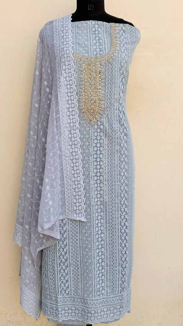 Chikankari Suit Length 3 Piece Gray Georgette With Pearl & Cutdana Work