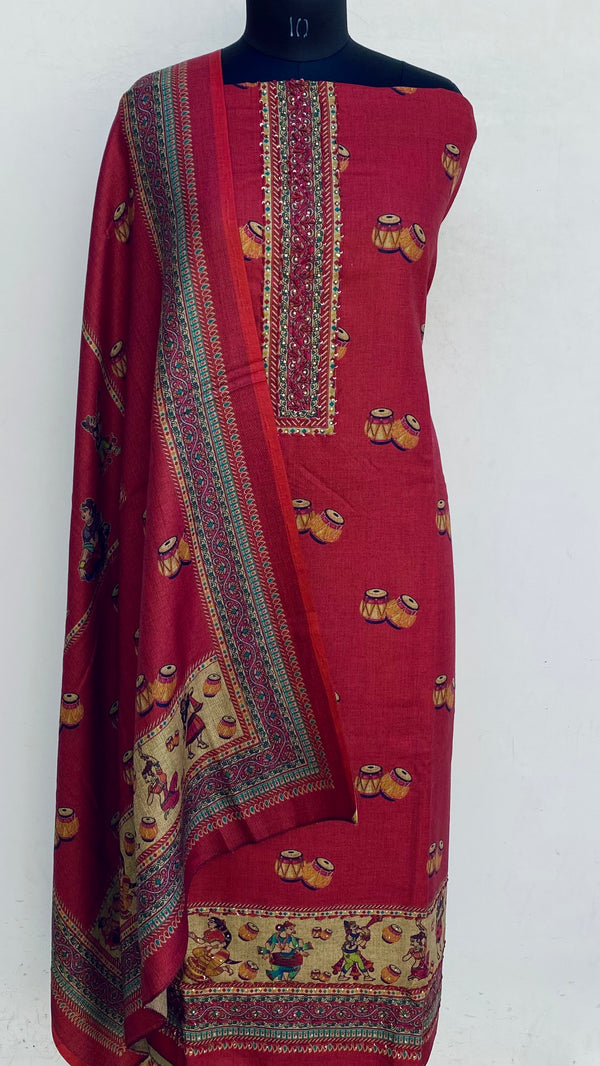 Maroon Woollen Pashmina Suit Length 3 Piece With Woollen Pashmina Shawl