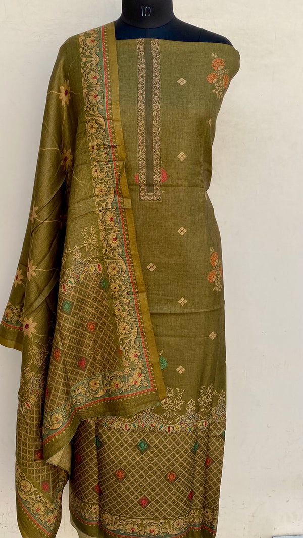 Mehndi Green Woollen Pashmina Suit Length 3 Piece With Woollen Pashmina Shawl