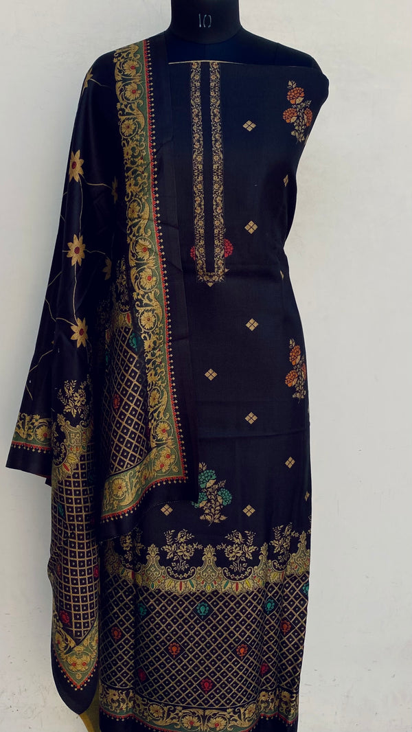 Black Woollen Pashmina Suit Length 3 Piece With Woollen Pashmina Shawl