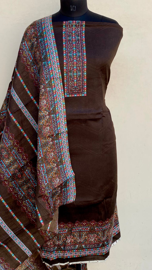 Brown Woollen Pashmina Suit Length 3 Piece With Woollen Pashmina Shawl