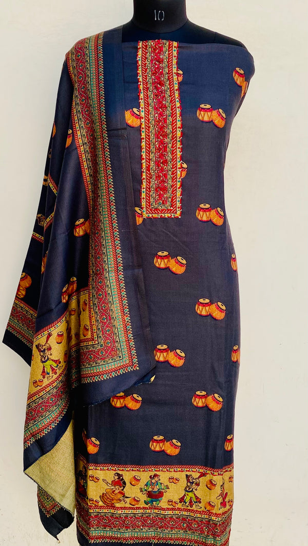 Navy Blue Woollen Pashmina Suit Length 3 Piece With Woollen Pashmina Shawl