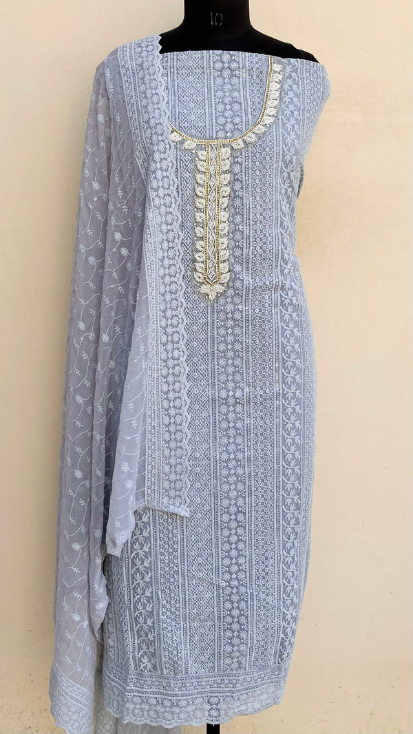 Chikankari Suit Length 3 Piece Gray Georgette With Pearl & Cutdana Work