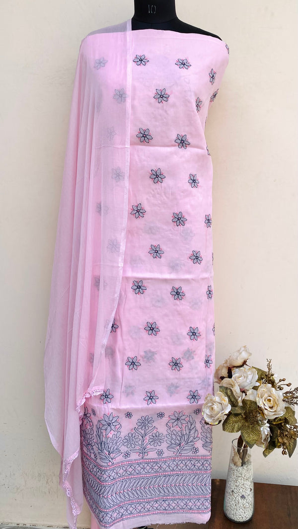 Lucknowi Chikankari Suit Length 3 Piece Pink Cotton