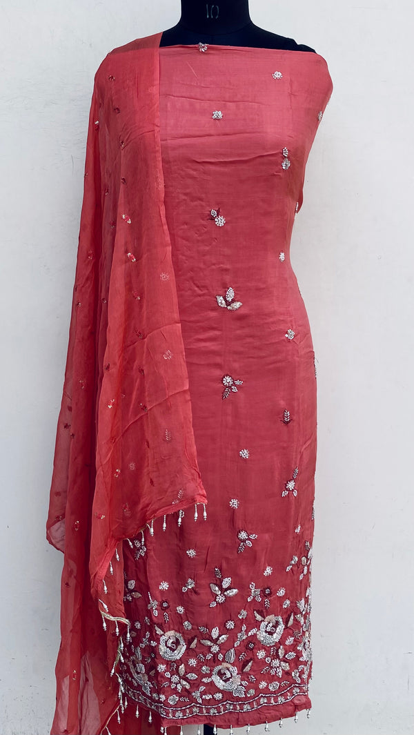 Designer Embroidered Suit Length 3 Piece Copper Organza With Cutdana & Sequence Work