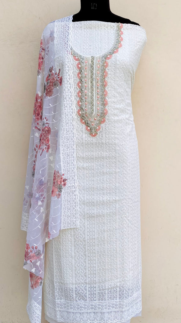 Chikankari Suit Length 3 Piece Off White Georgette With Cutdana & Sequence Work