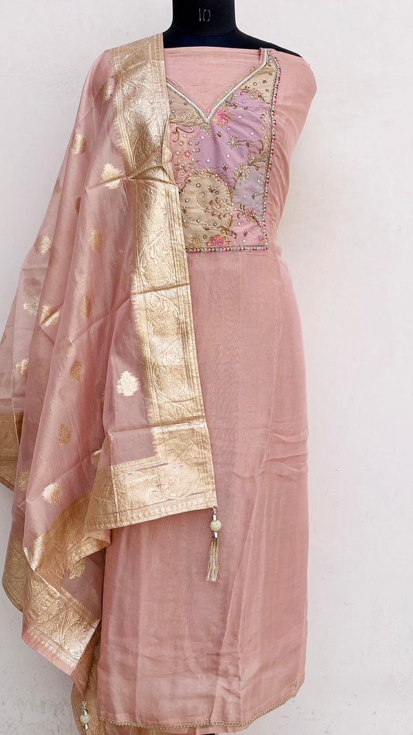 Designer Embroidered Suit Length 3 Piece Copper Mal Chanderi With Pearl,Sequence & Cutdana Work