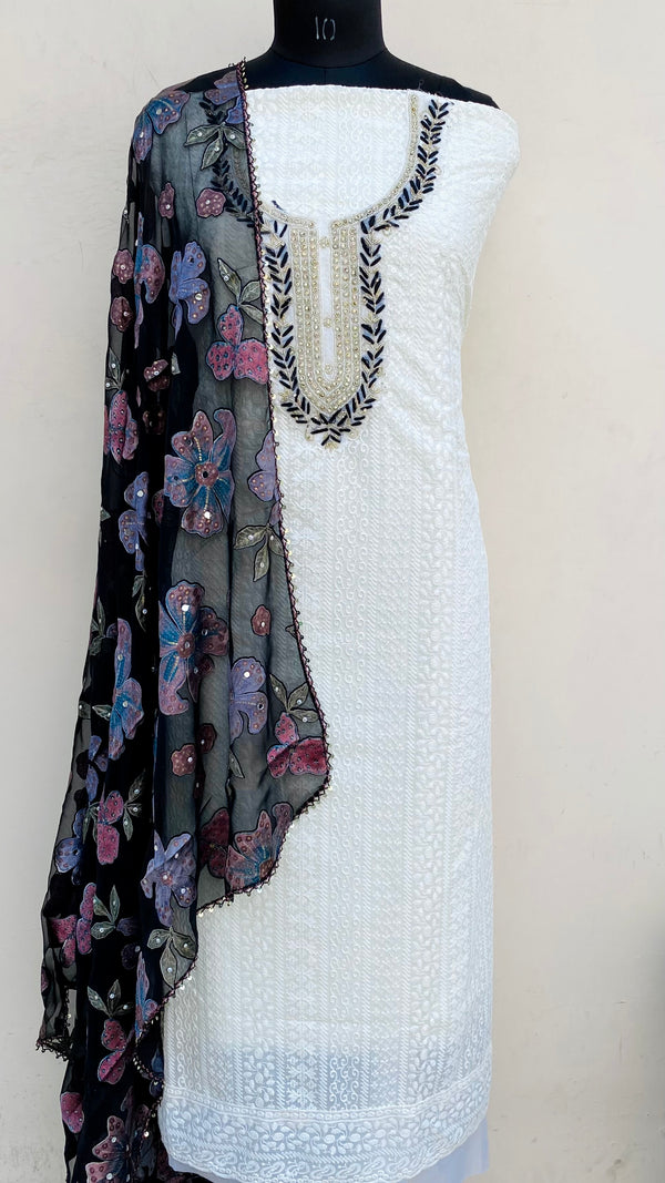 Chikankari Suit Length 3 Piece Off White Georgette With Cutdana & Pearl Work