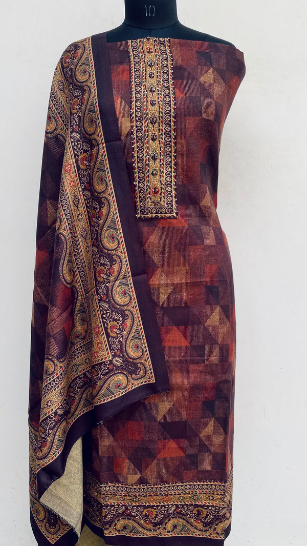 Wine Woollen Pashmina Suit Length 3 Piece With Woollen Pashmina Shawl