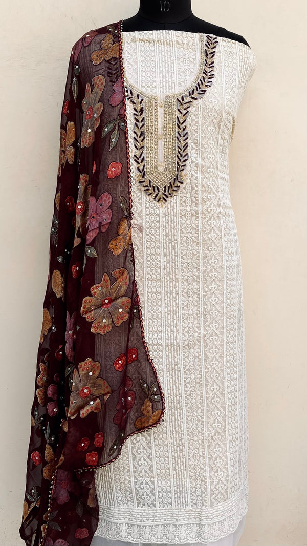 Chikankari Suit Length 3 Piece Beige Georgette With Cutdana & Pearl Work