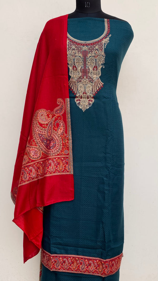 Blue Woollen Pashmina Suit Length 3 Piece With Woollen Pashmina Shawls