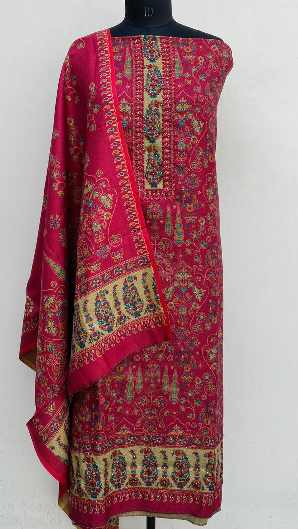 Maroon Woollen Pashmina Suit Length 3 Piece With Woollen Pashmina Shawl