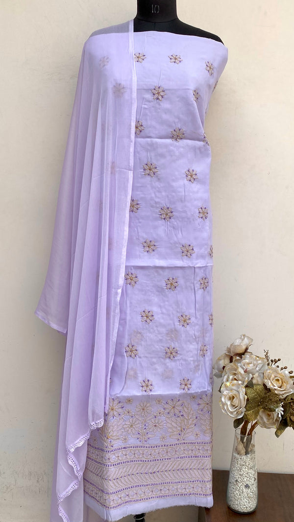 Lucknowi Chikankari Suit Length 3 Piece Purple Cotton