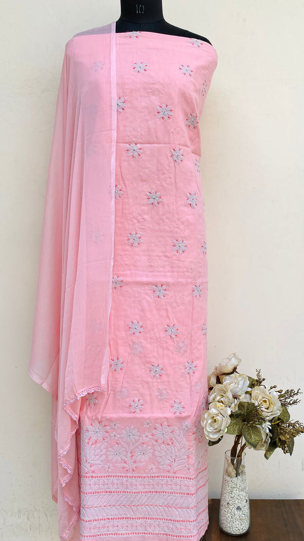 Lucknowi Chikankari Suit Length 3 Piece Pink Cotton