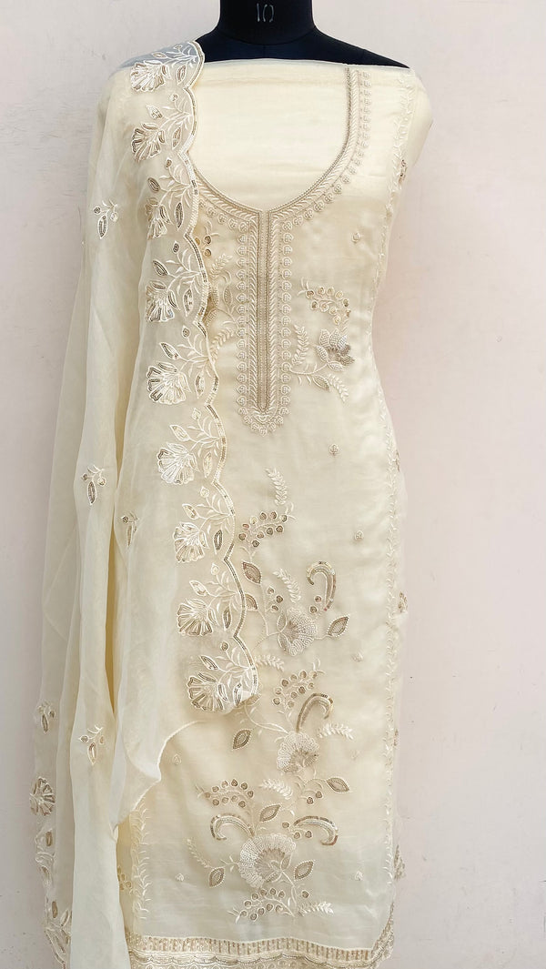 Designer Embroidered Suit Length 3 Piece Cream Organza With Cutdana & Sequence Work